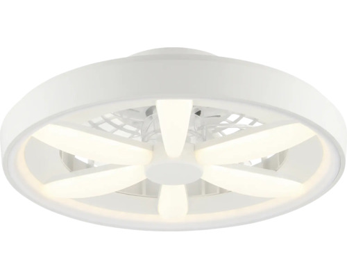 Weiße Deckenleuchte mit integriertem Ventilator, runde Form mit sechs sternförmig angeordneten LED-Lichtsegmenten.