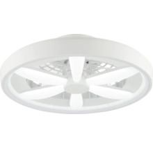 Moderner Deckenventilator mit LED-Beleuchtung, rundes weißes Design mit sechs sternförmig angeordneten Leuchtelementen.