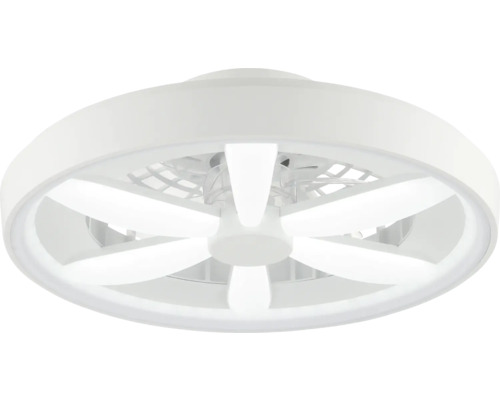 Moderner Deckenventilator mit LED-Beleuchtung, rundes weißes Design mit sechs sternförmig angeordneten Leuchtelementen.