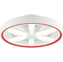 Moderner Deckenventilator mit integriertem LED-Licht, kreisförmigem Gehäuse und rotem Akzentring.