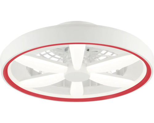 Moderner Deckenventilator mit integriertem LED-Licht, kreisförmigem Gehäuse und rotem Akzentring.
