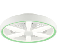 Moderner, runder Deckenventilator mit integrierter LED-Beleuchtung und grünem Akzentring.