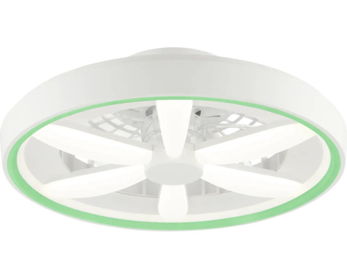 Moderner, runder Deckenventilator mit integrierter LED-Beleuchtung und grünem Akzentring.