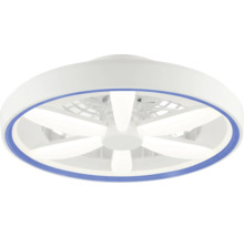 Deckenventilator mit LED-Beleuchtung, rundes Design mit weißen Rotorblättern und blauem Zierring.