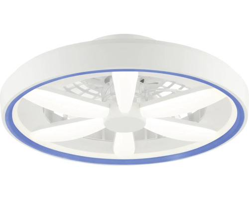 Deckenventilator mit LED-Beleuchtung, rundes Design mit weißen Rotorblättern und blauem Zierring.