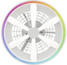 Moderner Deckenventilator mit LED Beleuchtung, sternförmigen Leuchtelementen und einem äußeren farbigen Lichtring.