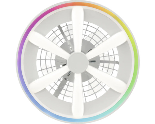 Moderner Deckenventilator mit LED Beleuchtung, sternförmigen Leuchtelementen und einem äußeren farbigen Lichtring.