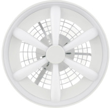 Moderner Deckenventilator in Weiß mit integrierter LED-Beleuchtung in Sternform und Schutzgitter.