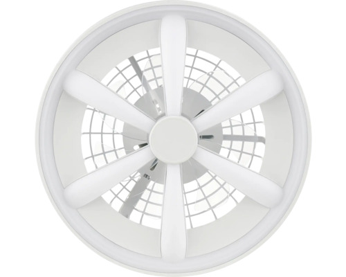 Moderner Deckenventilator in Weiß mit integrierter LED-Beleuchtung in Sternform und Schutzgitter.