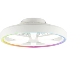 Weißer Deckenventilator mit integrierter LED Beleuchtung und Lichtring mit Farbeffekt.