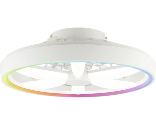 Weißer Deckenventilator mit integrierter LED Beleuchtung und Lichtring mit Farbeffekt.