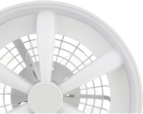 Moderner runder Deckenventilator mit integrierter LED-Beleuchtung und Schutzgitter.