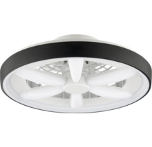 Deckenventilator mit integrierter LED-Beleuchtung, rundes Design mit schwarzem Außenring und weißen Ventilatorflügeln.