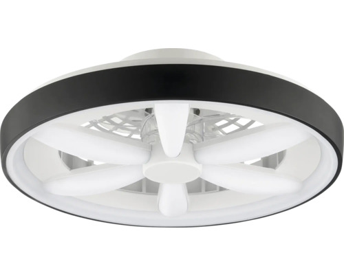 Deckenventilator mit integrierter LED-Beleuchtung, rundes Design mit schwarzem Außenring und weißen Ventilatorflügeln.