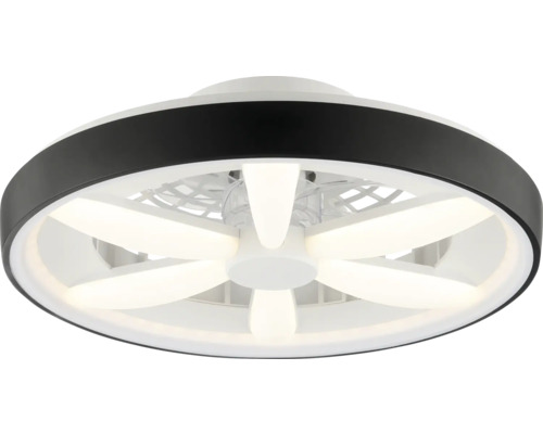 Moderne runde Deckenventilator-Leuchte mit integrierten LED-Panelen und einem schwarzen Außenring.