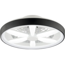 Runder Deckenventilator mit integrierter LED-Beleuchtung, schwarzer Außenring und fünf weiße Flügel.
