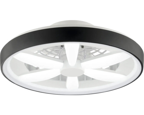Runder Deckenventilator mit integrierter LED-Beleuchtung, schwarzer Außenring und fünf weiße Flügel.