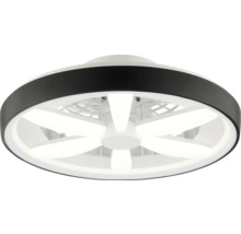 Runde Deckenleuchte mit integriertem Ventilator, schwarzem Außenring und LED-Beleuchtung in Sternform.