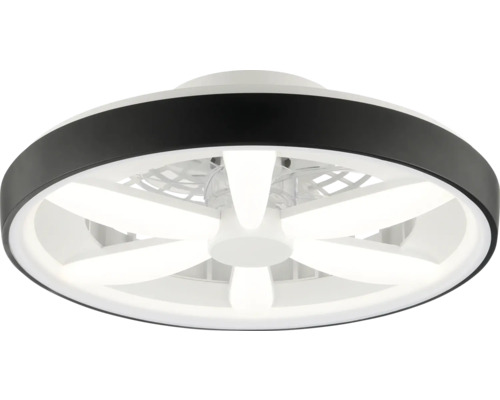 Runde Deckenleuchte mit integriertem Ventilator, schwarzem Außenring und LED-Beleuchtung in Sternform.