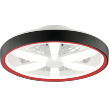 Moderner Deckenventilator mit integrierter LED-Beleuchtung, rundes Design mit schwarz-rotem Gehäuse.