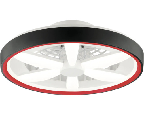 Moderner Deckenventilator mit integrierter LED-Beleuchtung, rundes Design mit schwarz-rotem Gehäuse.