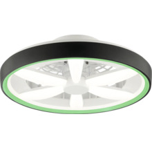 Moderner runder Deckenventilator mit integrierter sternförmiger LED-Beleuchtung und schwarzem Außenring mit grünem Lichtakzent.
