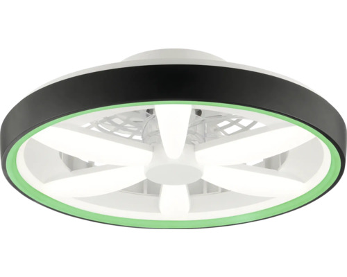 Moderner runder Deckenventilator mit integrierter sternförmiger LED-Beleuchtung und schwarzem Außenring mit grünem Lichtakzent.