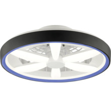 Moderner Deckenventilator mit LED-Beleuchtung, runder schwarzer Rahmen mit blauem Lichtring und weißen fächerförmigen LED-Elementen.