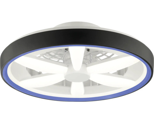 Moderner Deckenventilator mit LED-Beleuchtung, runder schwarzer Rahmen mit blauem Lichtring und weißen fächerförmigen LED-Elementen.