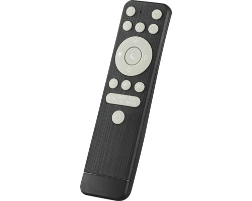 Schwarze Fernbedienung für Deckenventilatoren mit Lichtsteuerung, RGB-Funktion und Timer, Gehäuse in gebürsteter Optik.