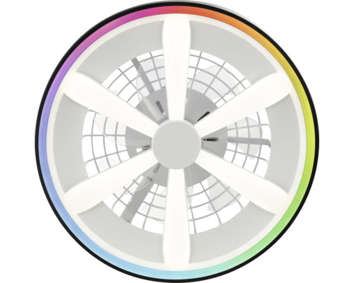 Runde Deckenventilator-Leuchte mit sternförmigem LED-Licht und farbigem RGB-Außenring.