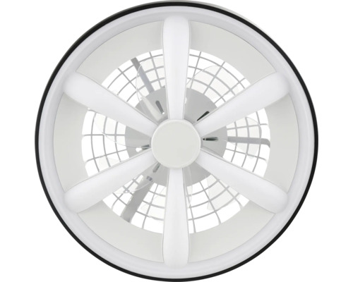 Runder Deckenventilator in Weiß mit integrierter LED-Beleuchtung und sechs Speichen.