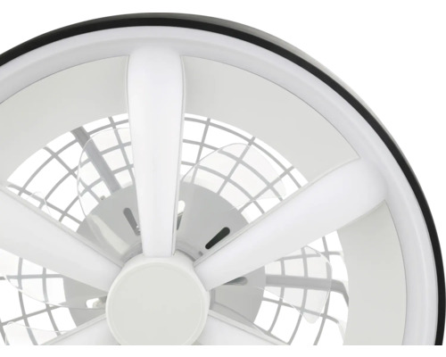 Runder weißer Deckenventilator mit Beleuchtung und transparenten Flügeln.