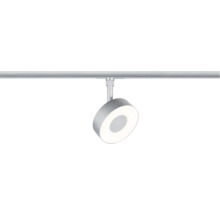 Moderner silberner LED-Schienenstrahler mit ringförmigem Leuchtkopf.