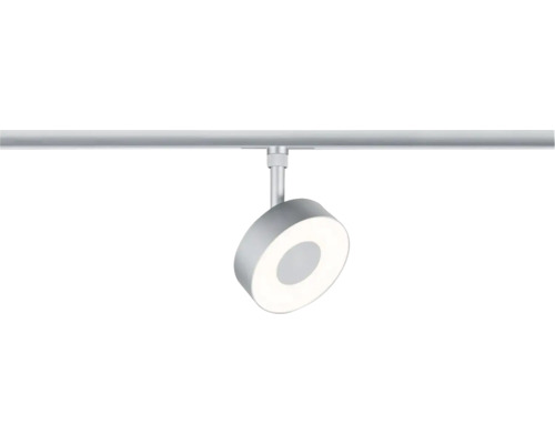 Moderner silberner LED-Schienenstrahler mit ringförmigem Leuchtkopf.