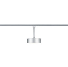 LED-Strahler für Schienensystem in Silber, zylinderförmiger Leuchtenkopf mit Verbindungssteg zur Schiene.