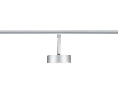 LED-Strahler für Schienensystem in Silber, zylinderförmiger Leuchtenkopf mit Verbindungssteg zur Schiene.