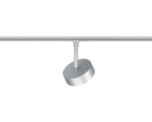 Schienensystem-Strahler aus Metall, runder Spot an einer horizontalen Schiene befestigt.