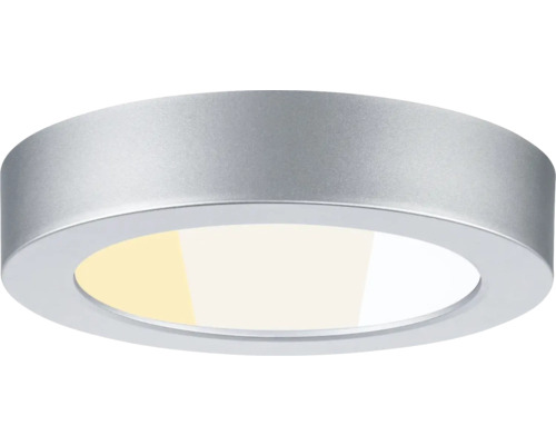 Runde LED-Deckenleuchte aus silberfarbenem Metall mit weißem Diffusor.