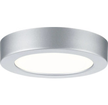 Runde LED-Aufbauleuchte in Silber für die Deckenmontage mit flacher, kreisförmiger Bauform und matter Leuchtfläche.