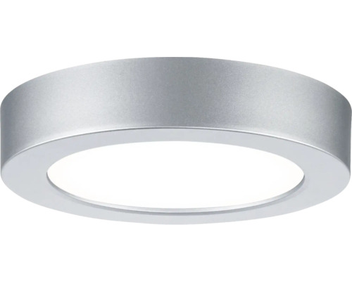 Flache, runde LED-Deckenleuchte mit silberfarbenem Metallgehäuse und weißem Diffusor.