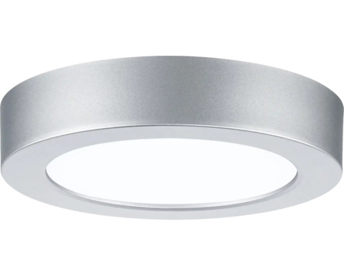 Runde, silberfarbene LED-Aufbauleuchte für die Decke mit matter Oberfläche.