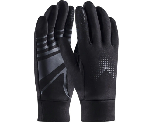 Schwarze Arbeitshandschuhe mit rutschfestem Profil an der Innenhand und elastischem Bund am Handgelenk.