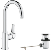Grohe Waschtischarmatur mit hohem C-Auslauf, Einhandmischer und Zugstangen-Ablaufgarnitur in Chrom.