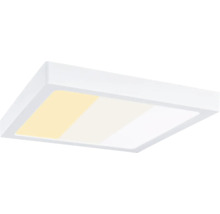 Quadratisches LED-Panel Deckenleuchte mit einstellbarer Farbtemperatur und weißem Rahmen.