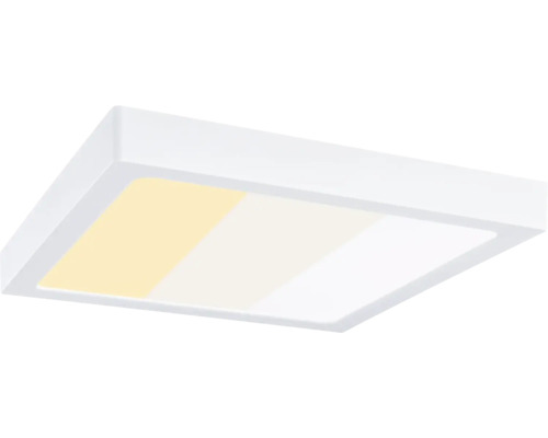 Quadratisches LED-Panel Deckenleuchte mit einstellbarer Farbtemperatur und weißem Rahmen.