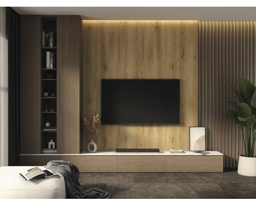 Modernes Wohnzimmer mit Fernseher an Wandpaneelen in Holzoptik, einer Wand aus vertikalen Lamellen, einem niedrigen Sideboard und einem hohen Regal.