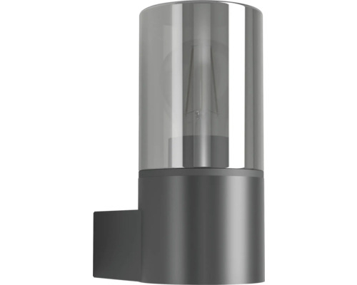 Moderne zylindrische Außenwandleuchte aus anthrazitfarbenem Metall mit transparentem Glas und sichtbarem Leuchtmittel.