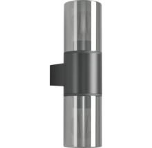 Zylindrische Außenwandleuchte aus Metall und Glas mit Beleuchtung nach oben und unten sowie sichtbaren Leuchtmitteln.
