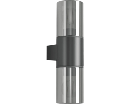 Zylindrische Außenwandleuchte aus Metall und Glas mit Beleuchtung nach oben und unten sowie sichtbaren Leuchtmitteln.